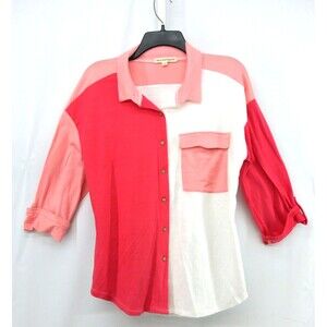 Above and Beyond Shirt Women L Pink White Color Block Roll Tab Sleeve Button Up